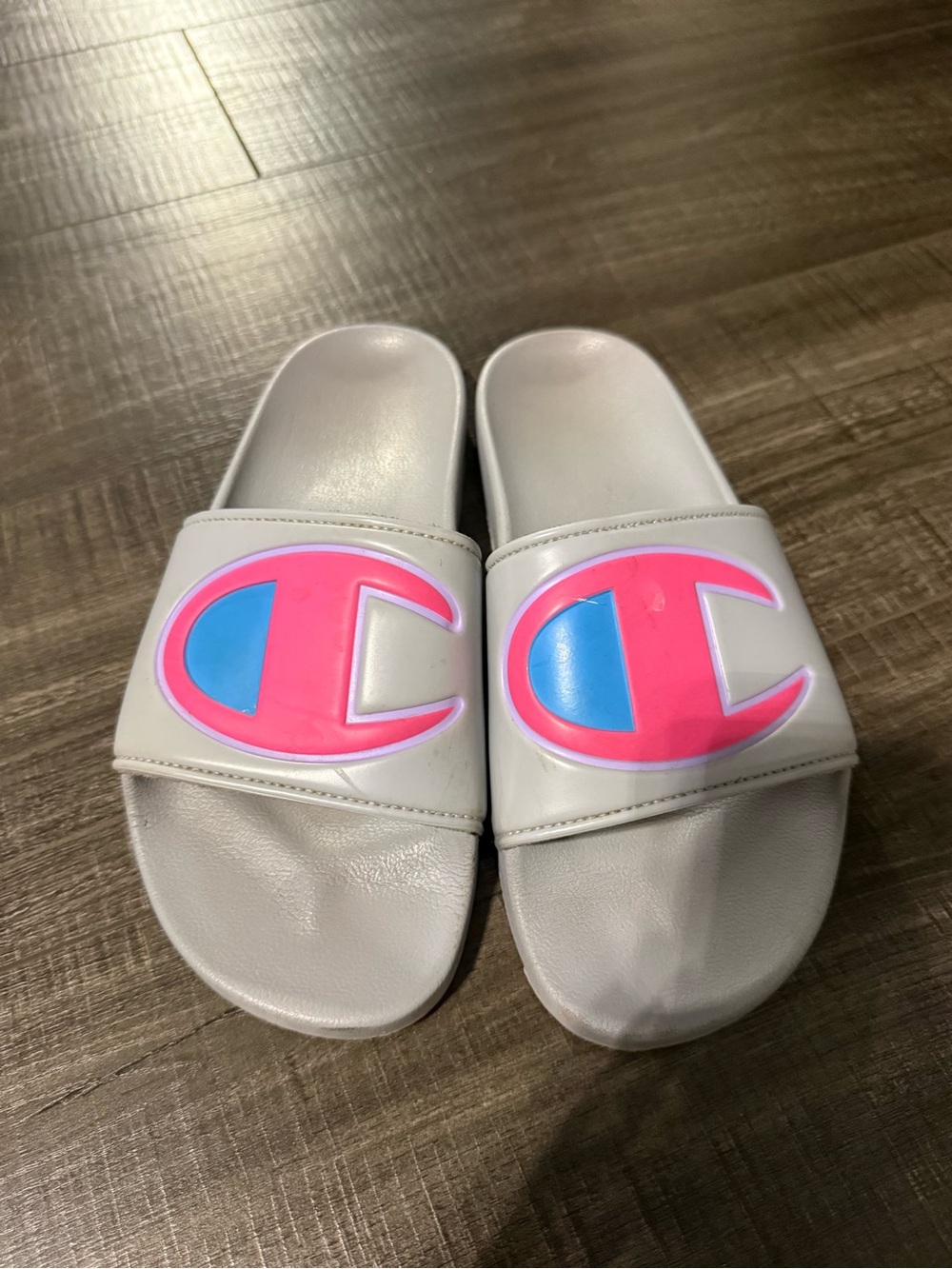 Champion White Kids Slide Sandals with Pink & Blue Logo